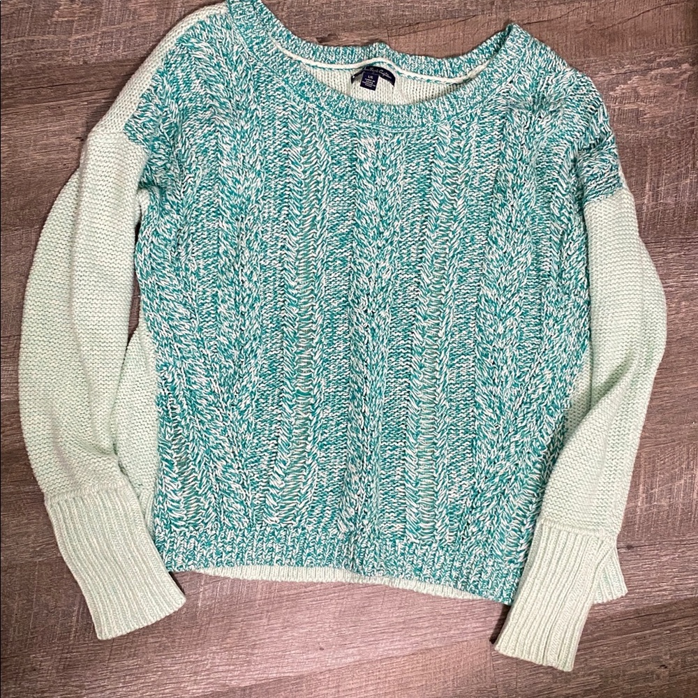 American Eagle Outfitters Teal and White Knit Sweater